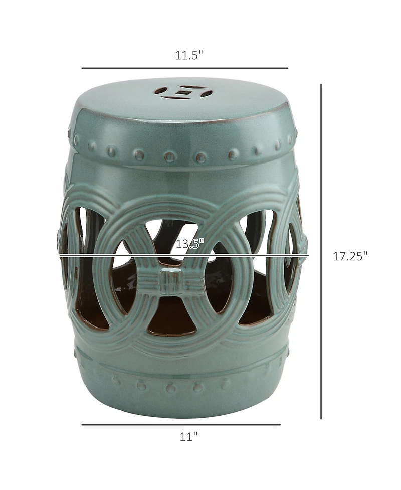 Outsunny 14" x 17" Ceramic Side Table Garden Stool with Knotted Ring Design & Glazed Strong Materials, Antique Blue