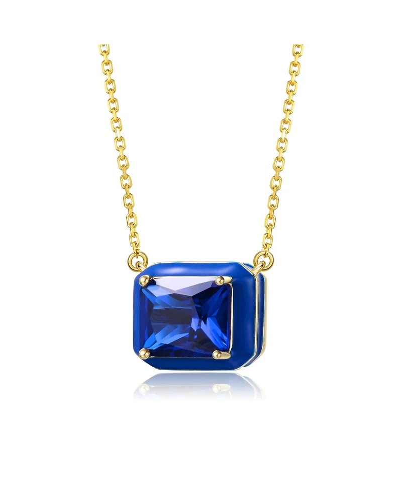 14k Gold Plated with Radiant Cut Blue Cubic Zirconia Solitaire Enamel Halo Petite Pendant Necklace