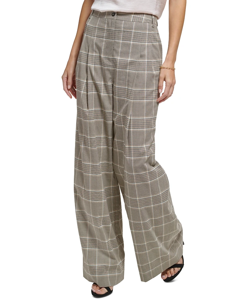 Dkny Petite Plaid-Print Wide-Leg Essex Pants