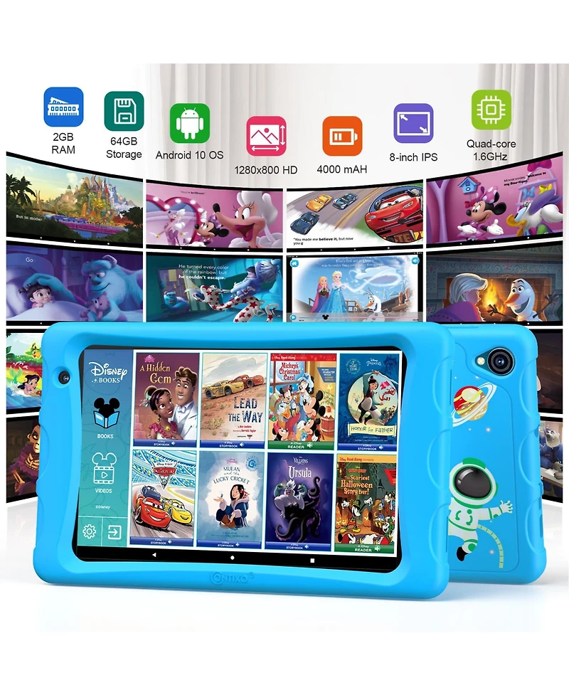 Contixo 8" Android Kids Tablet 64GB, Includes 80+ Disney Storybooks & Stickers, Kid-Proof Case with Kickstand, (2024 Model)