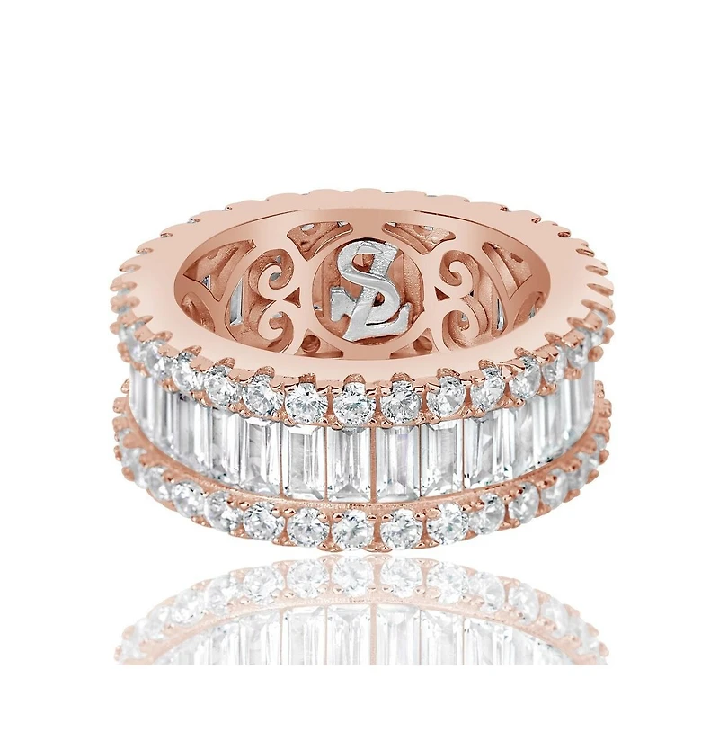 Suzy Levian Sterling Silver Cubic Zirconia White Baguette and Round Wide Eternity Band Ring