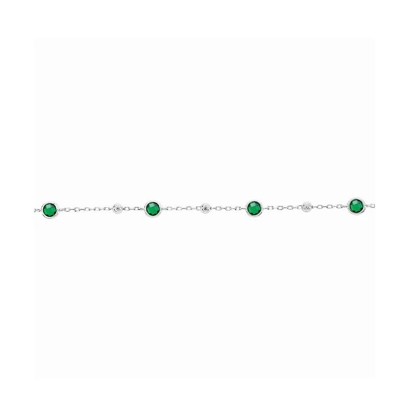 Sterling Silver Bezel-Set and Cz Bead Bracelet (White, Green, Blue Or Red)