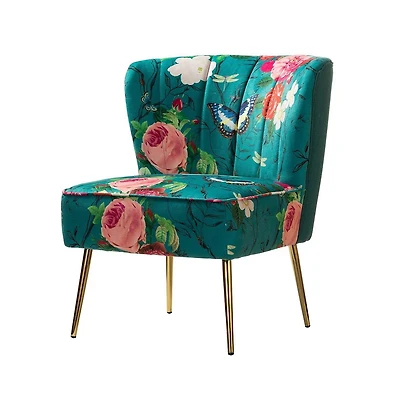 Tufted Floral Fabric Accent Chair with Gold Metal Legs for Living Room