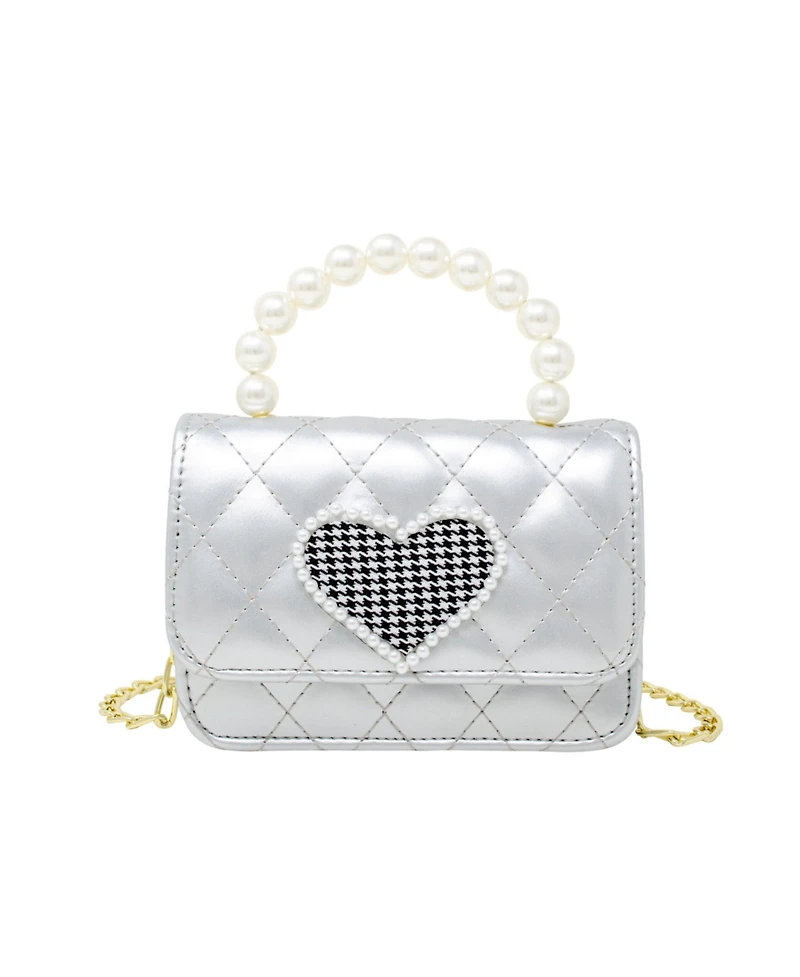Girl's Silver Quilted Pearl Handle Heart Bag