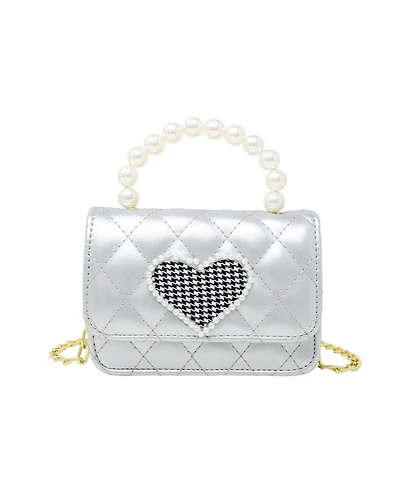 Girl's Silver Quilted Pearl Handle Heart Bag