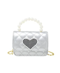 Girl's Silver Quilted Pearl Handle Heart Bag