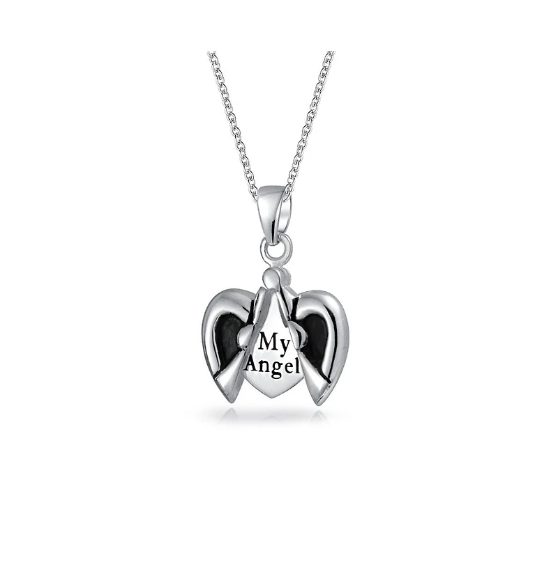 Inspirational My Angel Word Opening Heart Shape Angel Wing Locket Pendant Necklace .925 Sterling Silver