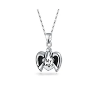 Inspirational My Angel Word Opening Heart Shape Angel Wing Locket Pendant Necklace .925 Sterling Silver