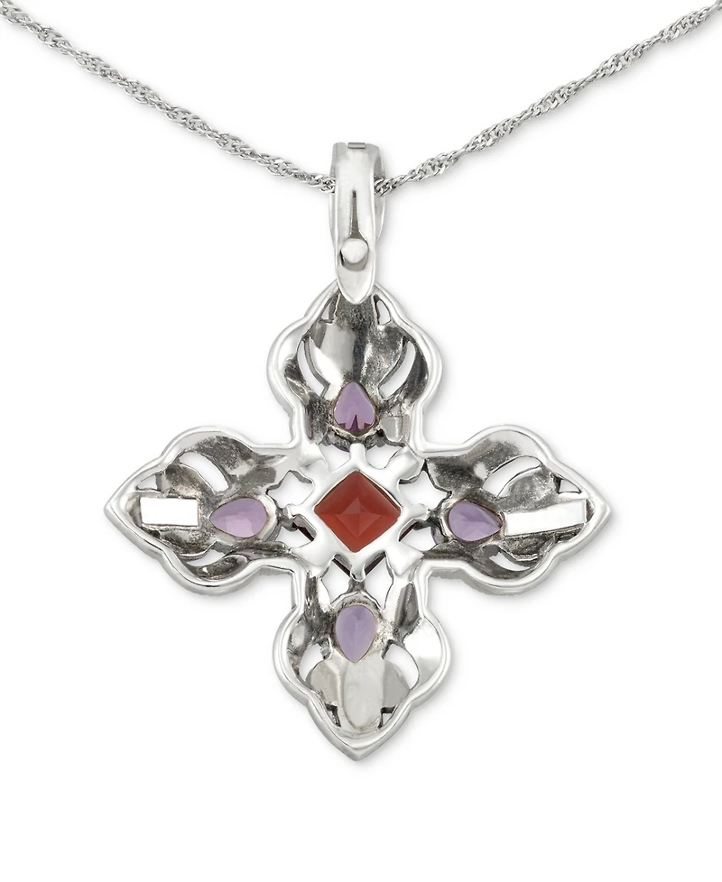Amethyst (1-1/3 ct. t.w.), Garnet (1-5/8 ct. t.w.), & Marcasite (5/8 ct. t.w.) Filigree Cross 18" Pendant Necklace in Sterling Silver