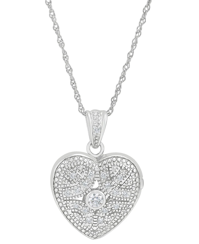 Cubic Zirconia Heart Locket Pendant Necklace in Sterling Silver