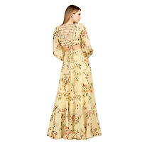 Lara Women's Long Sleeve V-Neck, Layered Skirt Print Dress