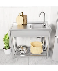 Free Standing Stainless Steel Kitchen Sink with Faucet, Strainer and Shelf, Single Bowl Commercial Restaurant Kitchen Sink Set, for Prep & Utility Ind