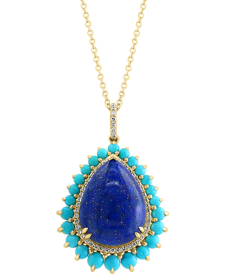 Effy Lapis Lazuli, Turquoise, & Diamond (1/5 ct. t.w.) Pear Halo 18" Pendant Necklace in 14k Gold