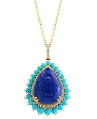 Effy Lapis Lazuli, Turquoise, & Diamond (1/5 ct. t.w.) Pear Halo 18" Pendant Necklace in 14k Gold