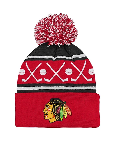 Youth Boys and Girls Red Chicago Blackhawks Face-Off Cuffed Knit Hat with Pom