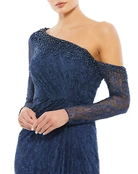 Women's Draped Jewel Encrusted Lace Drop Shoulder Gown