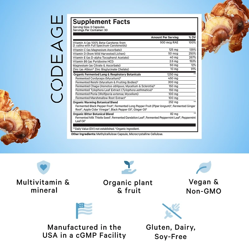 Codeage Lungs Vitamins, A, C, D, E, B6, Milk Thistle Lung Supplement, Zinc & Magnesium, Cordyceps, Reishi, Chaga, Poria, Tylophora, Ginger, Peppermint