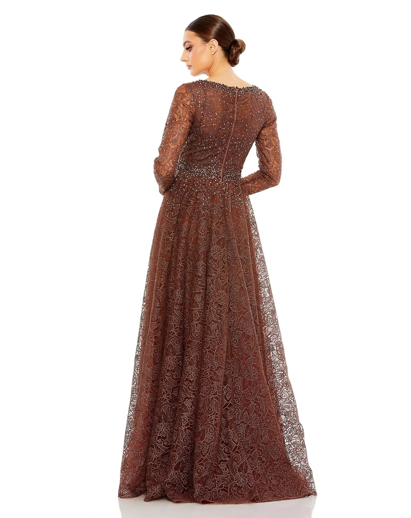 Women's Embellished Illusion Long Sleeve V Neck Gown