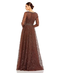 Women's Embellished Illusion Long Sleeve V Neck Gown