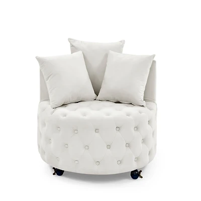 Streamdale Furniture Velvet Swivel Chair with Tufted Design, Wheels, 3 Pillows