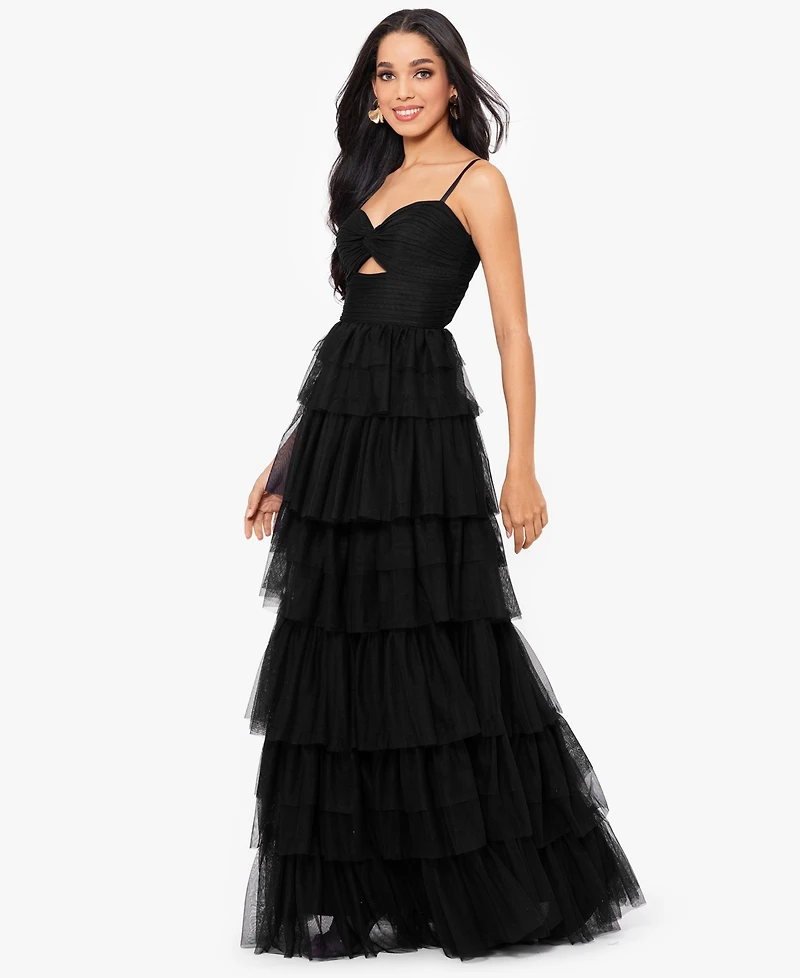 Blondie Nites Juniors' Tiered-Mesh Cut-Out Dress