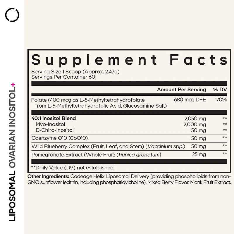 Codeage Liposomal Ovarian Inositol Powder - Myo-Inositol & D-Chiro-Inositol 40:1 Blend, Folate 5-mthf, CoQ10, Pte & Wild Blueberry - 2-Month Supply