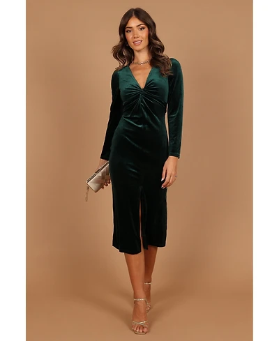 Womens Lisse Twist Front Long Sleeve Velvet Midi Dress - Emerald