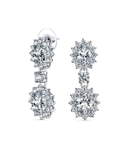 Bling Jewelry Art Deco Style Crown Halo Oval Cubic Zirconia Clear Cz Fashion Formal Dangle Drop Earrings Prom Rhodium Plated