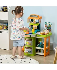 Qaba 58Pcs Grocery Store Pretend Play Kids Trolley with Cash Register Stand, Foldable Play Store for Kids with Scanner, Play Food Vegetable, Extra Sto