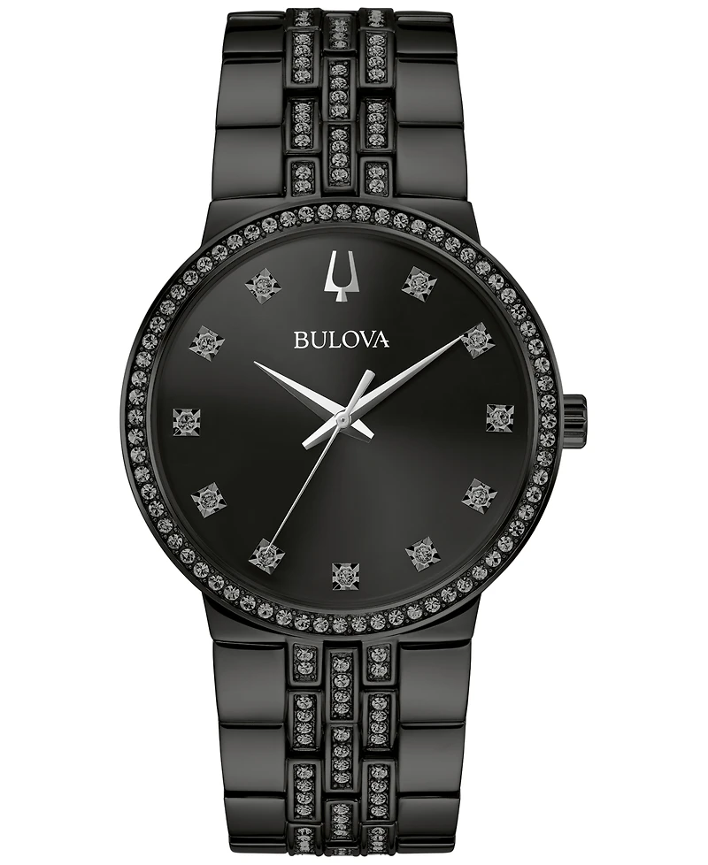 Bulova Men's Classic Crystal Black-Tone Stainless Steel Bracelet Watch 40mm Gift Set