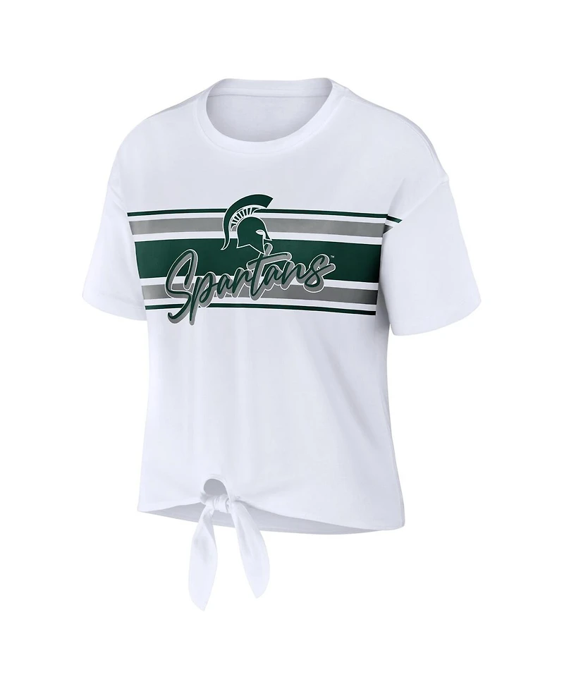 Women's Wear by Erin Andrews White Michigan State Spartans Striped Front Knot Cropped T-shirt