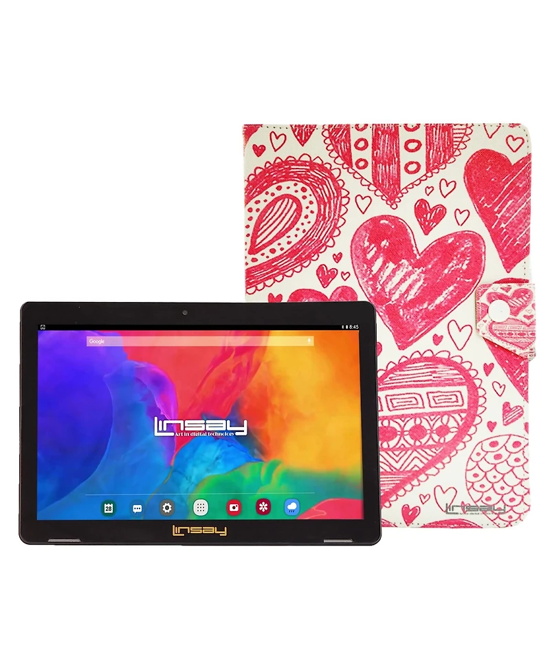 Linsay New 10.1" Tablet Octa Core 128GB Bundle with "Love" Protective Portfolio Case Newest Android 13 Dual Camera