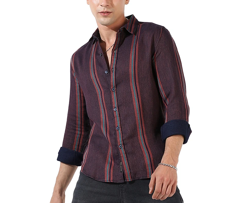 Campus Sutra Men's Maroon Striped Regular Fit Casual Shirt