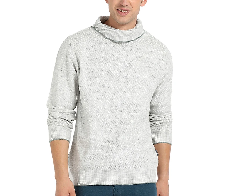 Campus Sutra Men's Light Grey Herringbone Textured Pullover Sweater