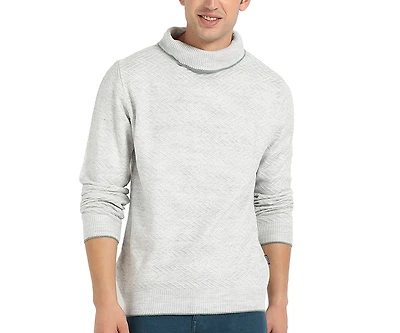 Campus Sutra Men's Light Grey Herringbone Textured Pullover Sweater