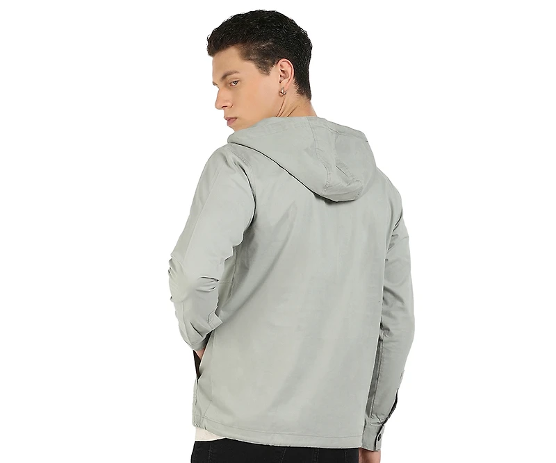 Campus Sutra Men's Sage Green Half-Zip Utility Jacket With Contrast Drawstring