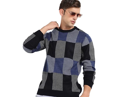 Campus Sutra Men's Blue Block Check Pullover Sweater