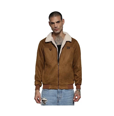 Campus Sutra Men's Brown Zip-Front Jacket With Fleece Detail