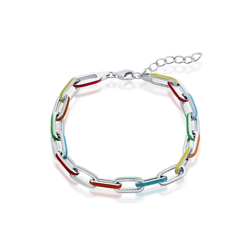 Sterling Silver Multi-Color Enamel Paperclip Bracelet