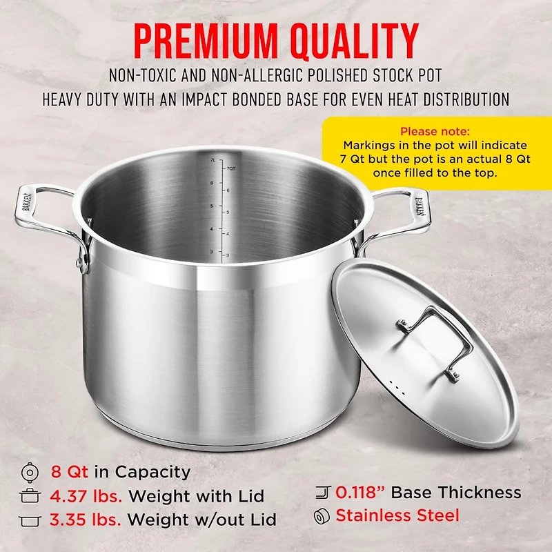 Bakken-Swiss 8-Quart Brushed Stainless Steel Stockpot with Lid – Heavy-Duty Induction Pot with Riveted Handles – Ideal for Soup, Seafood