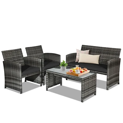 Slickblue 4 Pcs Patio Rattan Furniture Set Top Sofa With Glass Table