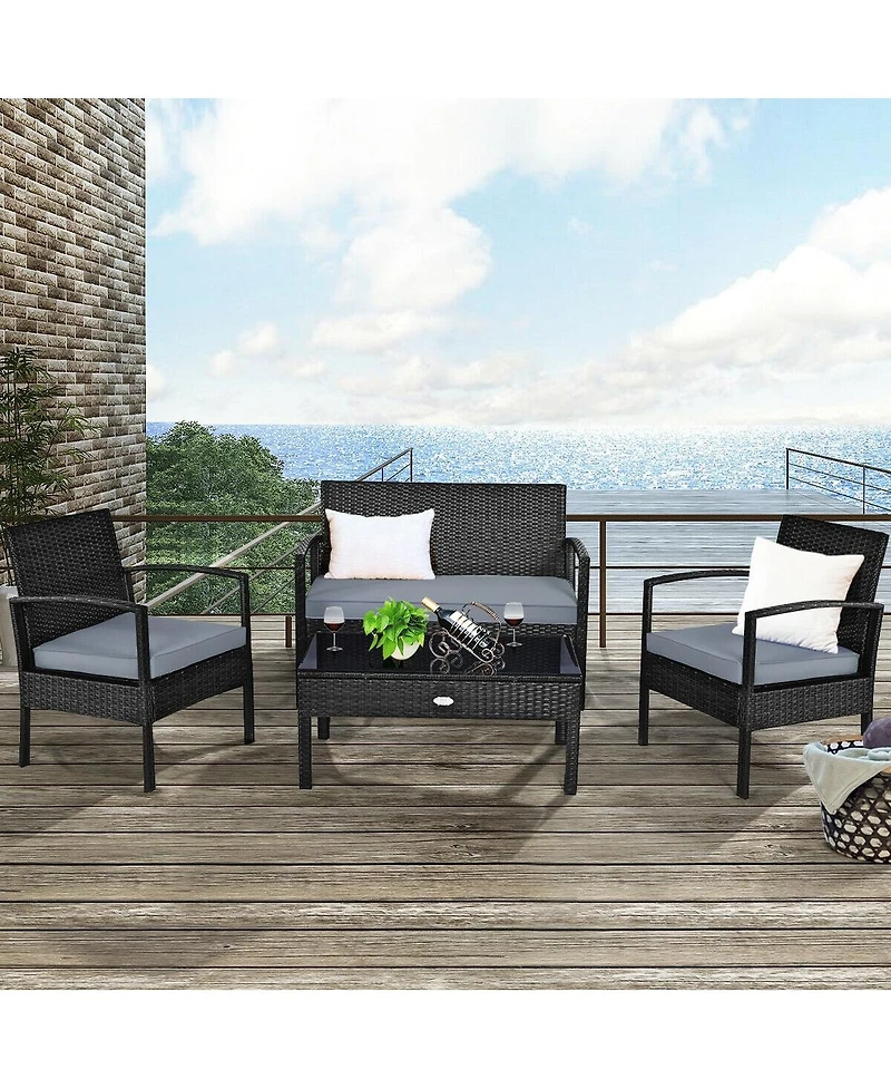 4 Pieces Patio Rattan Cushioned Furniture Set with Loveseat and Table