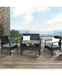 4 Pieces Patio Rattan Cushioned Furniture Set with Loveseat and Table