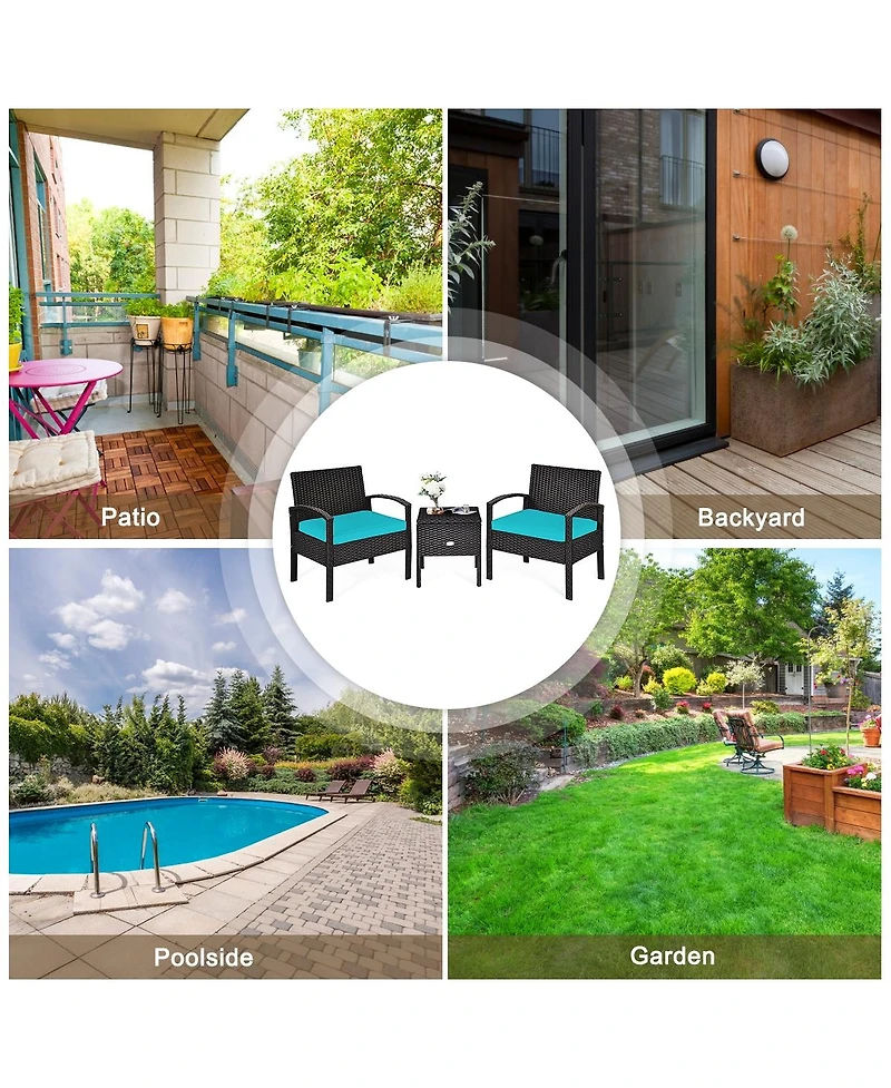 3 Piece Pe Rattan Wicker Sofa Set with Washable and Removable Cushion for Patio