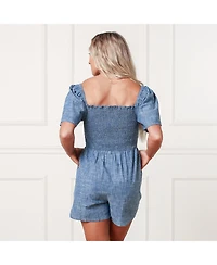 Hope & Henry Women's Bell Sleeve Smocked Chambray Romper
