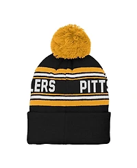 Youth Boys and Girls Black Pittsburgh Steelers Jacquard Cuffed Knit Hat with Pom
