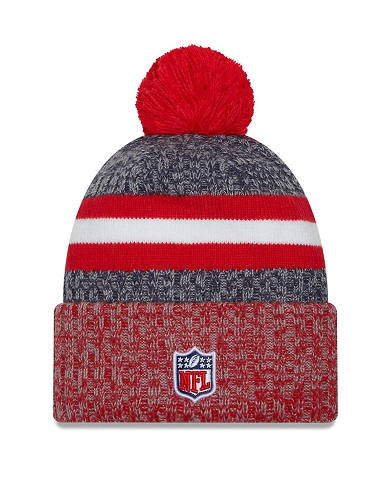 Men's New Era Navy, Red New England Patriots 2023 Sideline Sport Cuffed Pom Knit Hat