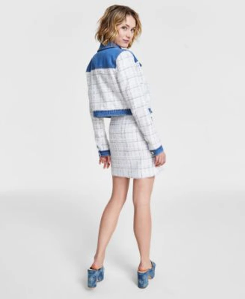 Guess Womens Natalie Tweed Denim Jacket Crystal Logo Cotton T Shirt Tweed Denim Mini Skirt