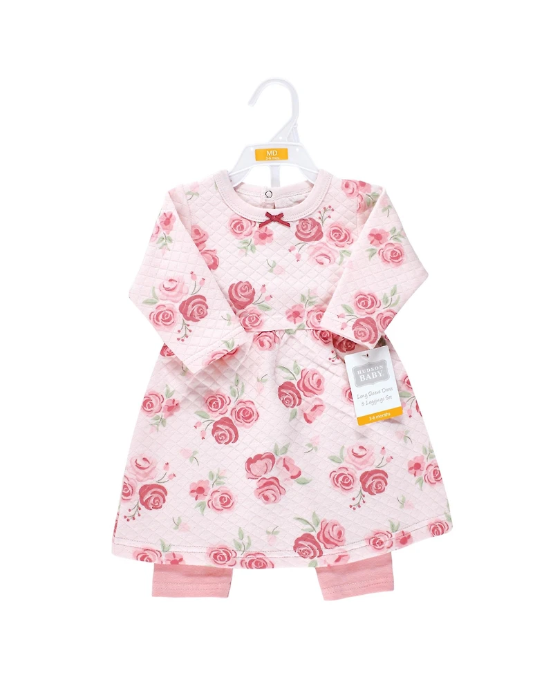 Hudson Baby Girls Quilted Cotton Dress and Leggings, Blush Rose
