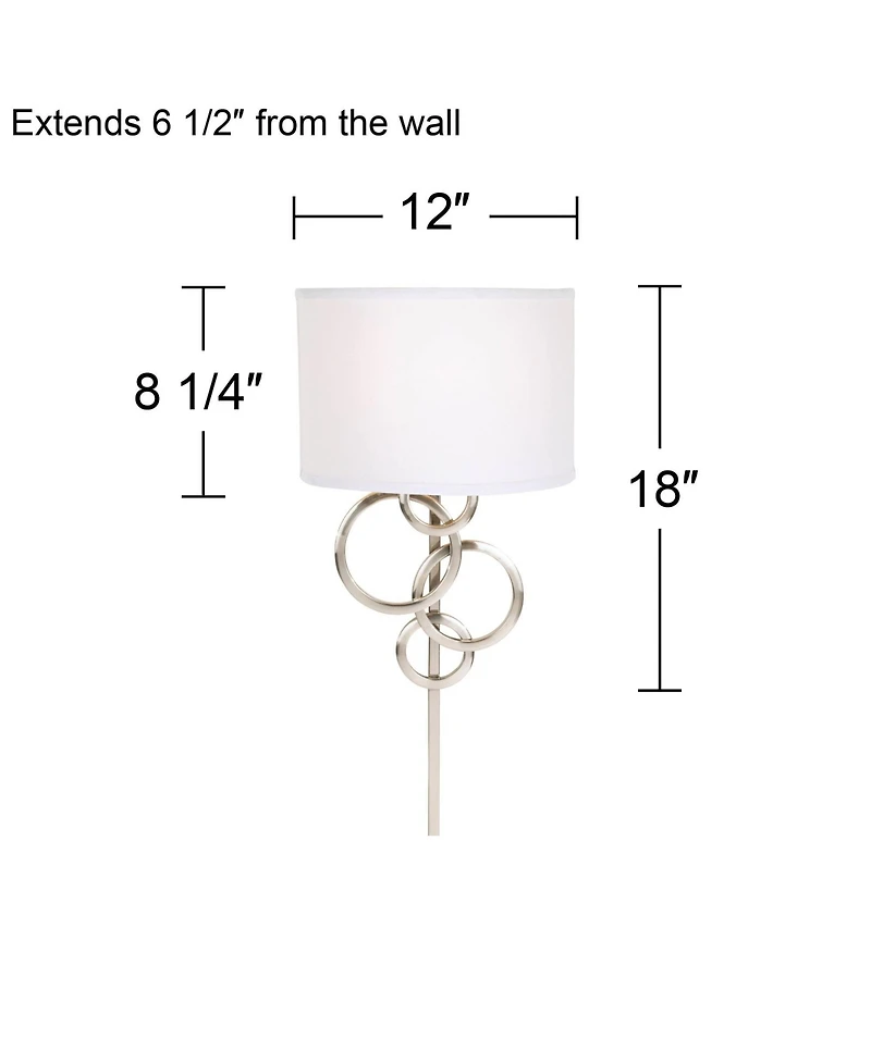 Possini Euro Design Circles Modern Wall Light Sconce Brushed Nickel Plug-in 12" Fixture Off White Cotton Half Shade for Bedroom Reading Living Ro